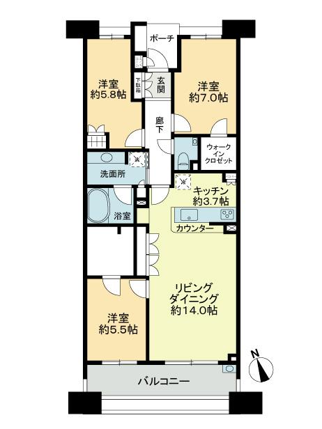 Floor plan. 3LDK, Price 55,800,000 yen, Occupied area 83.77 sq m , Balcony area 12.6 sq m