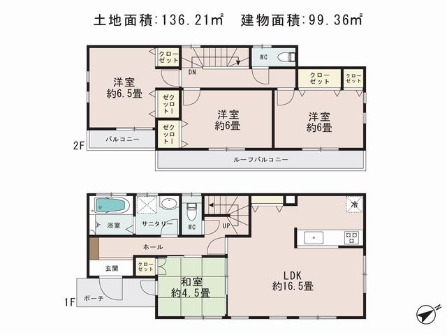 Floor plan. (E), Price 53,800,000 yen, 4LDK, Land area 136.21 sq m , Building area 99.36 sq m