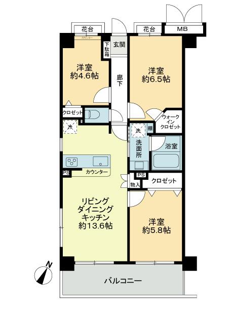Floor plan. 3LDK, Price 34,900,000 yen, Footprint 65.4 sq m , Balcony area 9.6 sq m