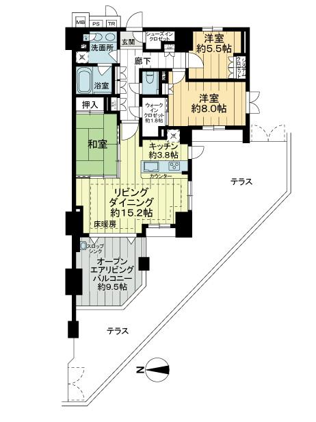 Floor plan. 3LDK, Price 49,800,000 yen, Occupied area 95.38 sq m living dining is about 15.2 Pledge. There is a big walk-in closet is in about 8 pledge of Western-style rooms and spacious. Kichinn is with disposer in the face-to-face about 3.8 Pledge (with window).