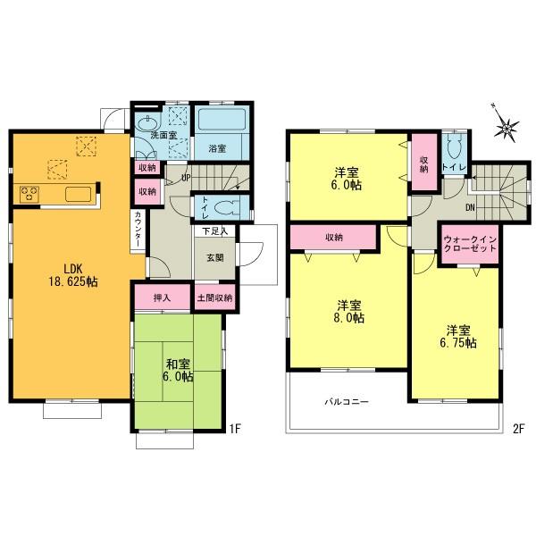 Floor plan. 65,800,000 yen, 4LDK, Land area 165.15 sq m , Building area 111.37 sq m counter kitchen LDK18.625 Pledge South wide balcony
