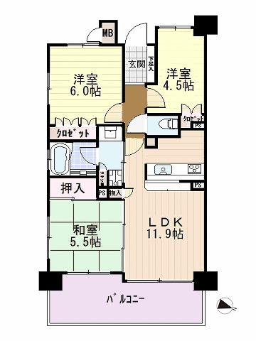 Floor plan. 3LDK, Price 29,800,000 yen, Occupied area 60.19 sq m , Balcony area 12.09 sq m