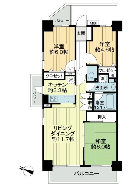 Floor plan. 3LDK, Price 25,800,000 yen, Footprint 68.4 sq m , Balcony area 12.58 sq m indoor interior renovated. 3 direction room