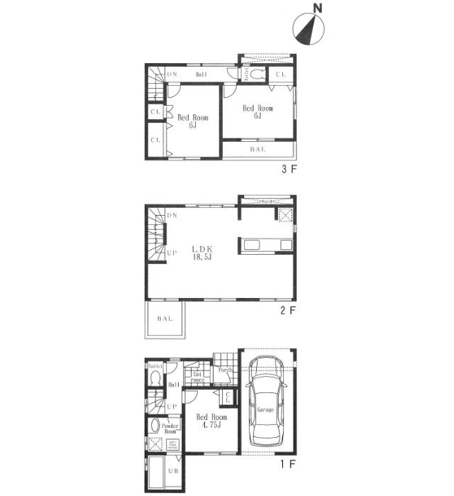 Floor plan. (II stage B Building), Price 35,800,000 yen, 3LDK, Land area 65.12 sq m , Building area 99.36 sq m