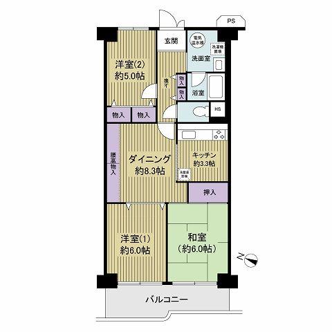 Floor plan. 3DK, Price 12.8 million yen, Occupied area 64.91 sq m , Balcony area 7.6 sq m 3DK, Occupied area 64.91 sq m (19.63 square meters)