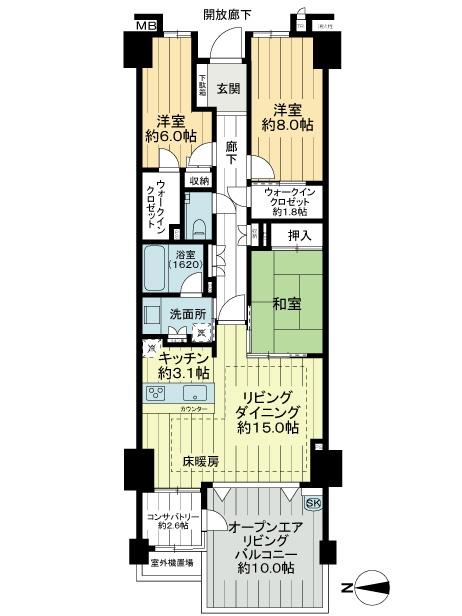 Floor plan. 3LDK, Price 47,800,000 yen, Occupied area 96.76 sq m , Balcony area 16.2 sq m living dining is about 15 Pledge. The approximately 8 pledge of Western-style rooms and spacious there is a walk-in closet. Kichinn is with disposer in the face-to-face about 3.1 quires.