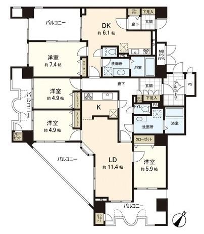 Floor plan. 4LDDKK, Price 25.6 million yen, The area occupied 118.8 sq m , Balcony area 42.24 sq m