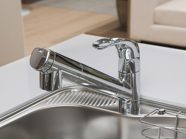 Kitchen.  [Water purifier integrated hand shower faucet] Integrating the water purifier to the faucet of faucets. water, hot water, Purified water can be switched at the touch of a button.
