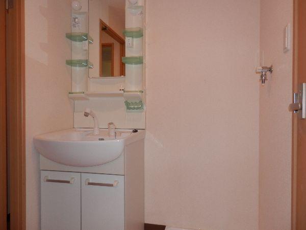 Washroom. Wash basin and washing machine inside the room