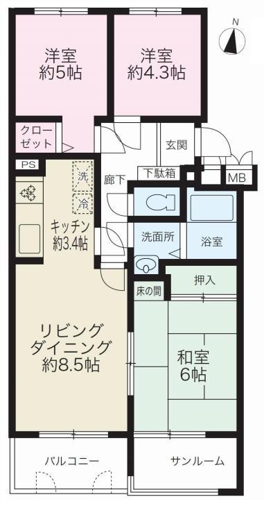 Floor plan. 3LDK+S, Price 6.9 million yen, Occupied area 66.42 sq m , Balcony area 4.62 sq m solarium with 3LDK