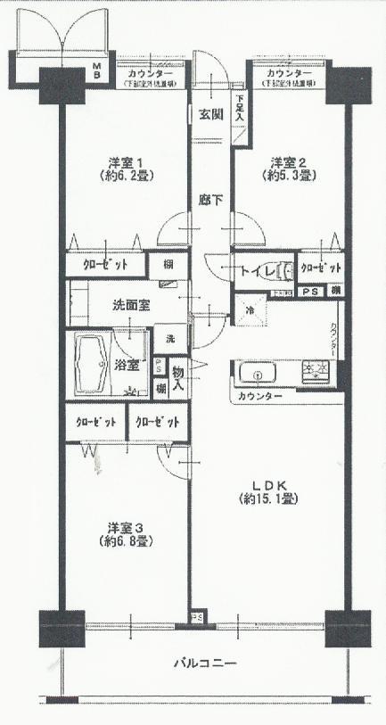 Floor plan. 3LDK, Price 33,900,000 yen, Occupied area 74.34 sq m , Balcony area 10.08 sq m
