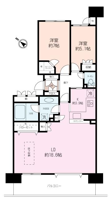 Floor plan. 2LDK, Price 26,800,000 yen, Occupied area 77.19 sq m , 2LDK with a balcony area 22.76 sq m under the floor storage