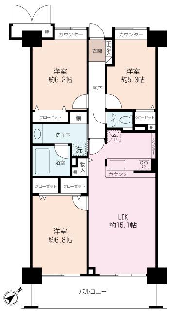 Floor plan. 3LDK, Price 33,900,000 yen, Occupied area 74.34 sq m , Balcony area 10.08 sq m