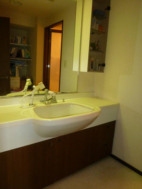Wash basin, toilet. Large vanity mirror