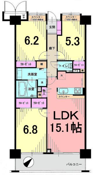 Floor plan. 3LDK, Price 33,900,000 yen, Occupied area 74.34 sq m , Balcony area 10.08 sq m