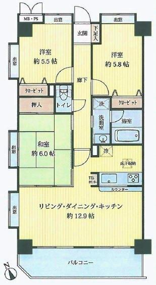 Floor plan. 3LDK, Price 29,700,000 yen, Occupied area 71.03 sq m , Balcony area 9.17 sq m