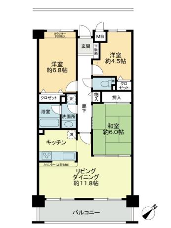 Floor plan. 3LDK, Price 10.9 million yen, Occupied area 70.03 sq m , There on the balcony area 9.13 sq m balcony side landscape livingese-style room also can be used in one piece.