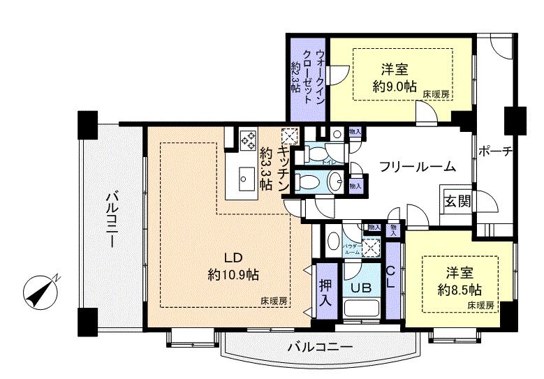 Floor plan. 2LDK, Price 37,800,000 yen, Footprint 103.16 sq m , Balcony area 22.39 sq m