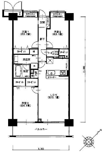 Floor plan. 3LDK, Price 33,900,000 yen, Occupied area 74.34 sq m , Balcony area 9.6 sq m