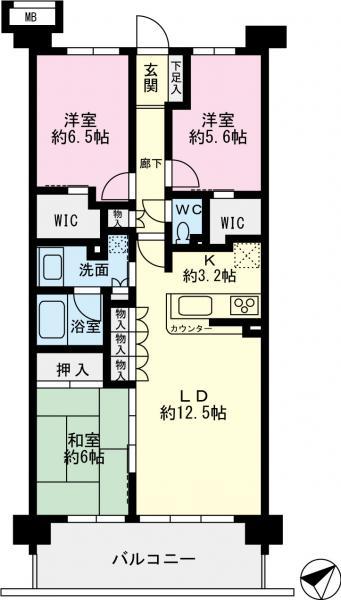Floor plan. 3LDK, Price 28 million yen, Footprint 77.5 sq m , Balcony area 12.4 sq m