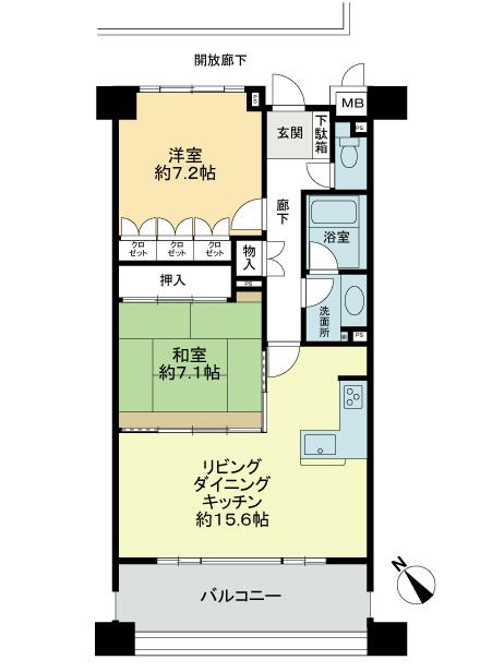 Floor plan. 2LDK, Price 21,800,000 yen, Occupied area 68.58 sq m , Balcony area 13.64 sq m