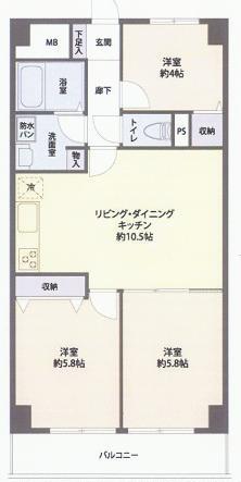 Floor plan. 3LDK, Price 14.8 million yen, Occupied area 57.75 sq m , Balcony area 6.76 sq m