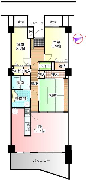 Floor plan. 3LDK, Price 11.8 million yen, Occupied area 83.77 sq m , Balcony area 12.68 sq m room there 3LDK