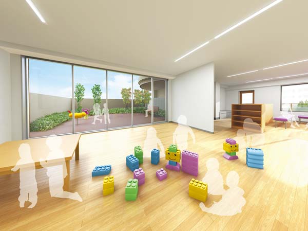 Shared facilities.  [Kids Room ・ Mom and Pop Lounge & Play Plaza Rendering CG] Also the day of rain, Can be at ease freely play the children, "Children's Room ・ Mom and Pop Lounge ". An opening provided a lot of this space is a feeling of opening full of it features. The further terrace space, We have established the decor playground equipment "play Plaza".