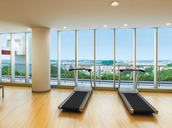 Shared facilities.  [Fitness studio Rendering CG] It arranged a variety of equipment from treadmills to climbing facility, You can feel free to exercise "fitness studio". If this space that we can look at the open panoramic views, Little health management also fun continues is likely.  ※ Landscape, Local first floor equivalent to taking a Kitahomen than those that were synthesized view photos (April 2011) was, In fact a slightly different.