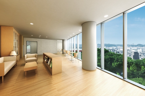 Sky Lounge and library Rendering / Big sky and sea of ​​Hakkeijima direction, While admiring the green, Reading is fun Mel open space (Rendering to synthesize a view photograph of the local first floor equivalent than shooting (April 2011), In fact a slightly different)