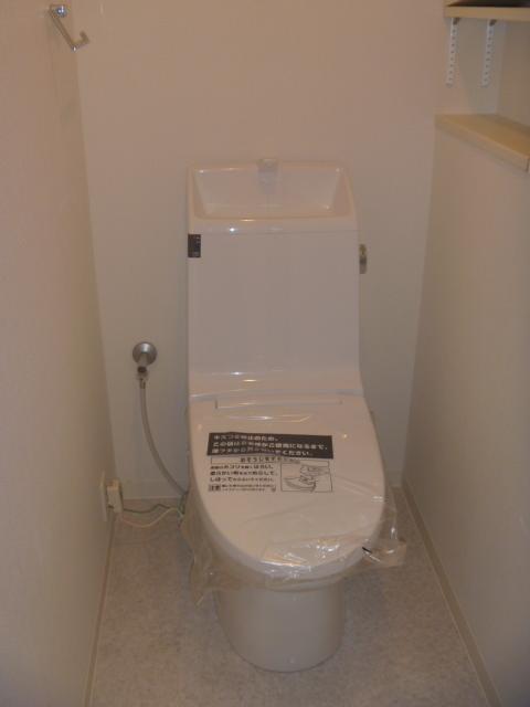 Toilet. There is a convenient shelf and storage also in the toilet.