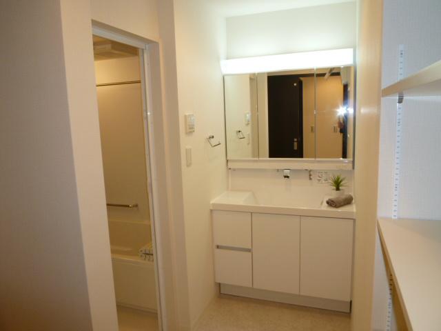 Wash basin, toilet. Vanity large mirror is happy