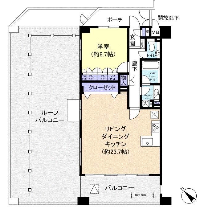 Floor plan. 1LDK, Price 39,800,000 yen, Occupied area 74.69 sq m , Balcony area 14.41 sq m