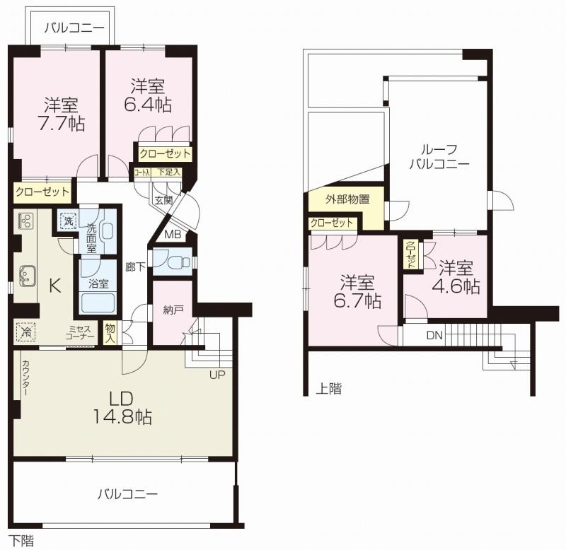 Floor plan. 4LDK+S, Price 22,800,000 yen, Footprint 114.08 sq m , Balcony area 35.62 sq m top floor maisonette 4LDK