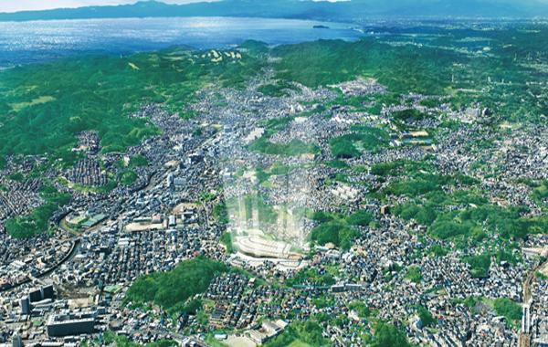 aerial photograph. In town "Yokosuka" facing the sea wrapped in green, Born mansion city on the hill. Under the "beautiful blue sky, Which was subjected to some CG processing in local as seen from the sky of the magnificent views overlooking the "time of the room can be realized (February 2011 shooting, In fact a somewhat different)