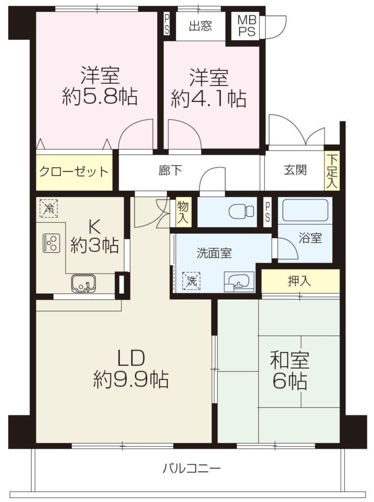 Floor plan. 3LDK, Price 9.85 million yen, Occupied area 64.32 sq m , Balcony area 8.08 sq m 64.32 sq m , 3LDK
