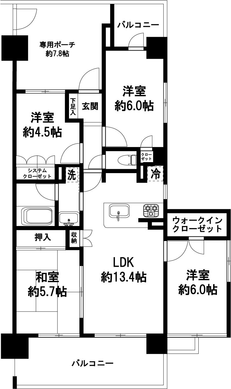 Floor plan. 4LDK, Price 27,800,000 yen, Footprint 75.4 sq m , Balcony area 15.77 sq m floor plan