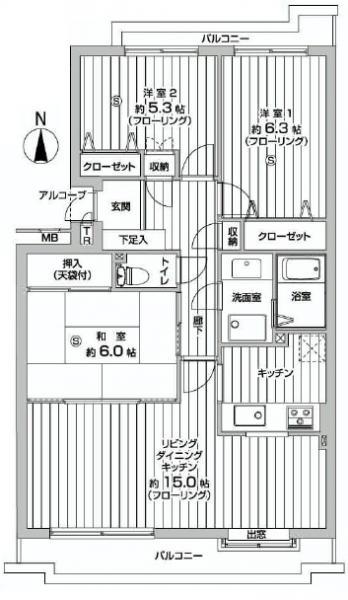Floor plan. 3LDK, Price 14,950,000 yen, Occupied area 75.28 sq m , Balcony area 10.64 sq m