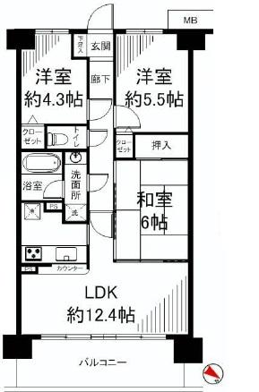 Floor plan. 3LDK, Price 22,800,000 yen, Footprint 60.9 sq m , Balcony area 10.44 sq m