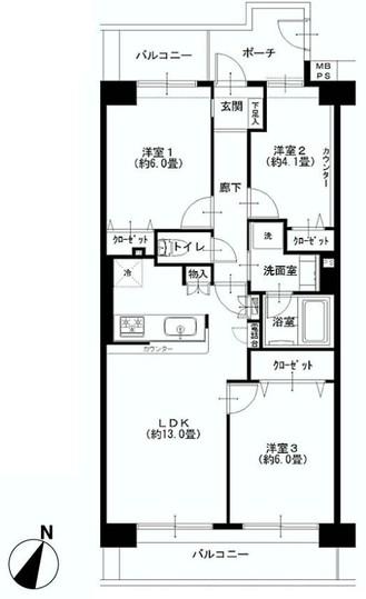 Floor plan. 3LDK, Price 17,900,000 yen, Footprint 63.8 sq m , Balcony area 10.64 sq m