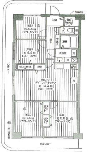 Floor plan. 4LDK, Price 17.5 million yen, Footprint 78 sq m , Balcony area 26.31 sq m