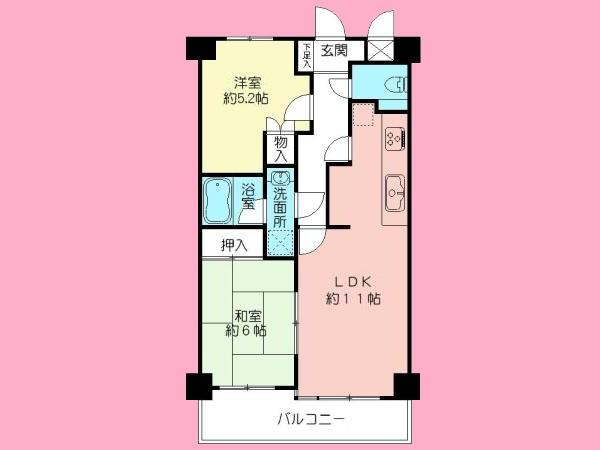 Floor plan. 2LDK, Price 14.3 million yen, Occupied area 51.52 sq m , Balcony area 7.95 sq m