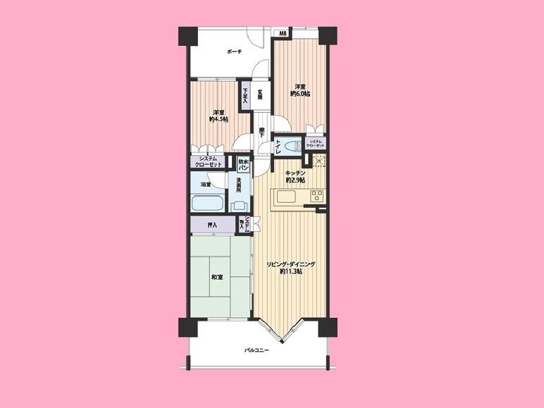 Floor plan. 3LDK, Price 18,800,000 yen, Footprint 64.4 sq m , Balcony area 10.56 sq m
