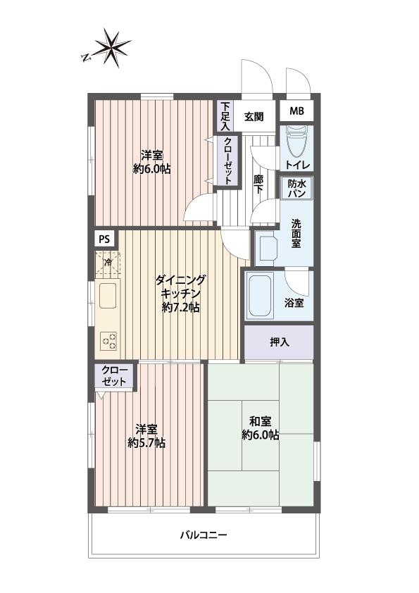 Floor plan. 3DK, Price 11.8 million yen, Footprint 55 sq m , Balcony area 6.6 sq m
