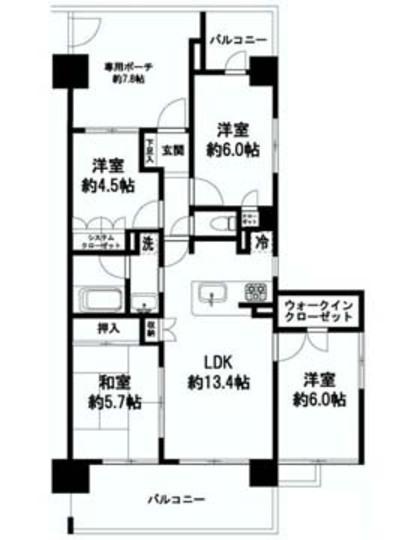 Floor plan. 4LDK, Price 27,800,000 yen, Footprint 75.4 sq m , Balcony area 15.77 sq m