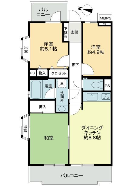 Floor plan. 3DK, Price 12.9 million yen, Occupied area 57.52 sq m , Balcony area 11.18 sq m