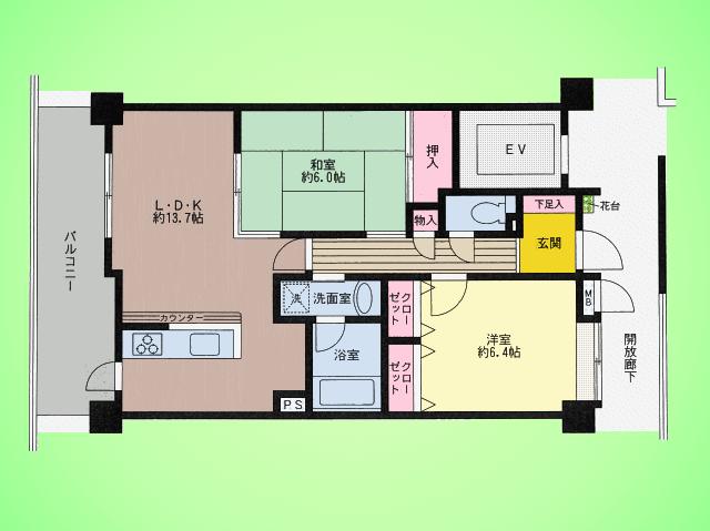 Floor plan. 2LDK, Price 17.8 million yen, Occupied area 60.71 sq m , Balcony area 12.23 sq m popularity of face-to-face kitchen and a wide balcony ☆