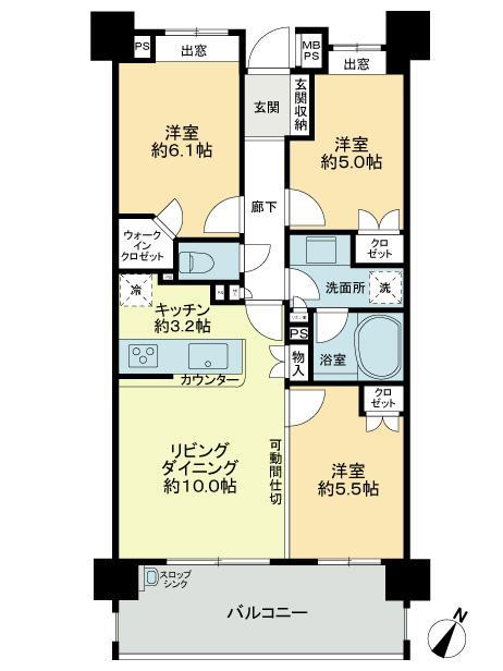 Floor plan. 3LDK, Price 24,800,000 yen, Occupied area 65.68 sq m , Balcony area 12.4 sq m
