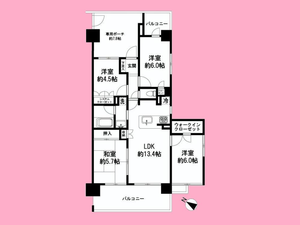 Floor plan. 4LDK, Price 27,800,000 yen, Footprint 75.4 sq m , Balcony area 15.77 sq m