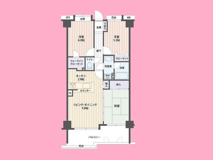 Floor plan. 3DK, Price 11.8 million yen, Footprint 55 sq m , Balcony area 6.6 sq m